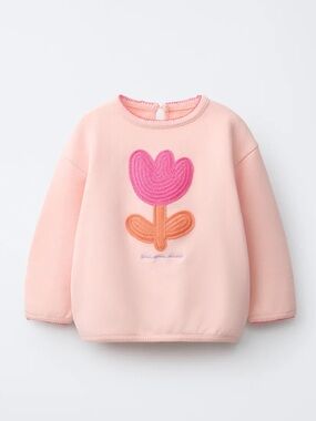 Zara Pink Floral Appliqué Sweater with Orange Stem